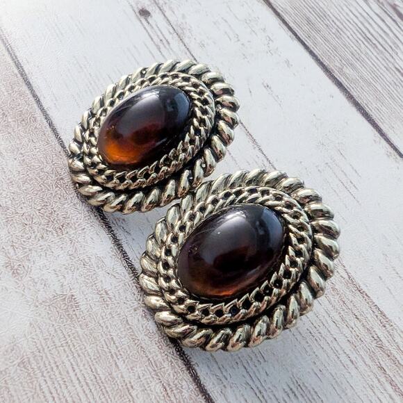 Vintage Earrings for Pierced Ears Dark Brown with Gold Tone Halo - Picture 2 of 6